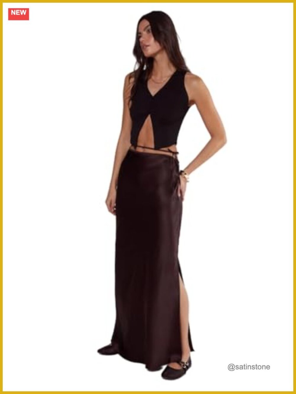 Satin Maxi Skirt with Cut Out Side Slit Tie Waist